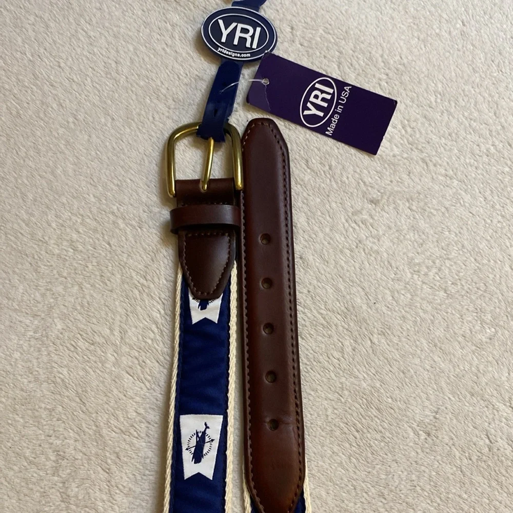 NWT YRI canvas navy white ribbon leather belt with ACK burgee brass buckle Sz 32